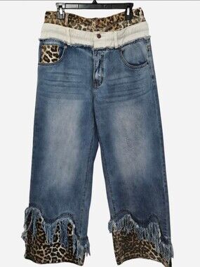 Oh Jeans high-waisted wide-leg  distressed denim Jeans frayed hems Animal Print